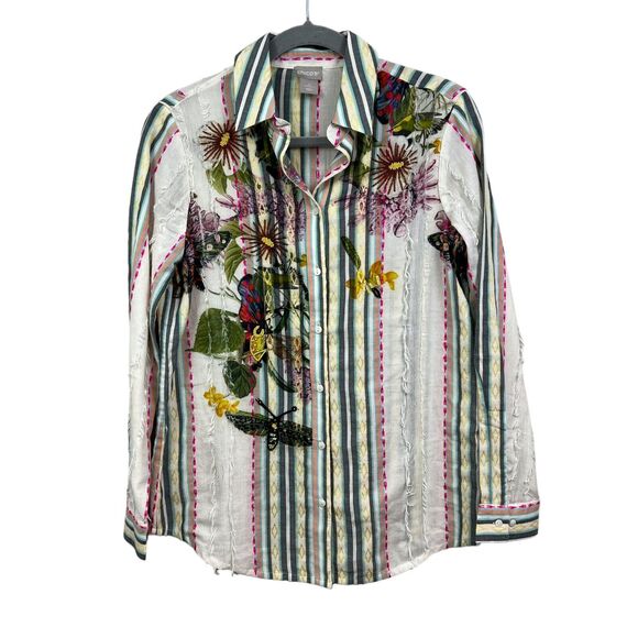 Chico's Womens‎ Beaded Embellished Floral Top Shirt Embroidered Striped Fringe 0 - Picture 1 of 6
